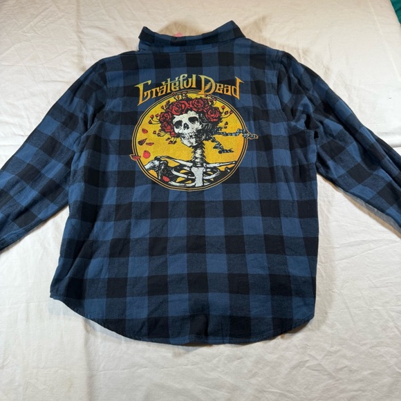 Grateful Dead Blue Plaid Flannel Shirt Skeleton Roses Graphic Womens Medium NWT - Picture 15 of 16